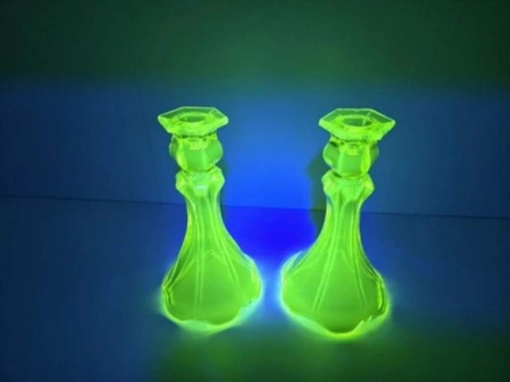 Vaseline Uranium Glass Candlestick Pair 